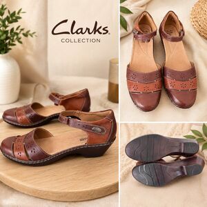 Clarks Collection Wendy Leehi Brown Leather Laser Cut Wedge Sandals Women's